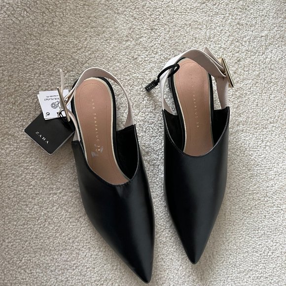 Zara Pointed Shoe Black and Cream Sandal Flats US 8 / EU 38 - Picture 1 of 3